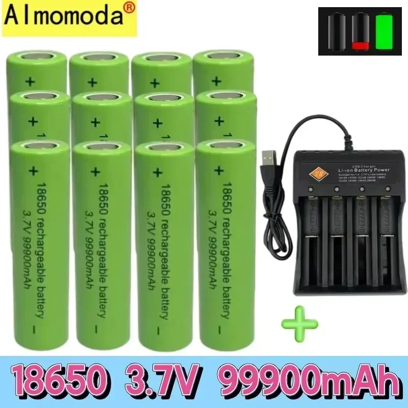 대용량 정품 18650 배터리, 99900Mah 3.7V + 충전기, 장난감 손전등 리튬 이온 충전지, 무료 배송