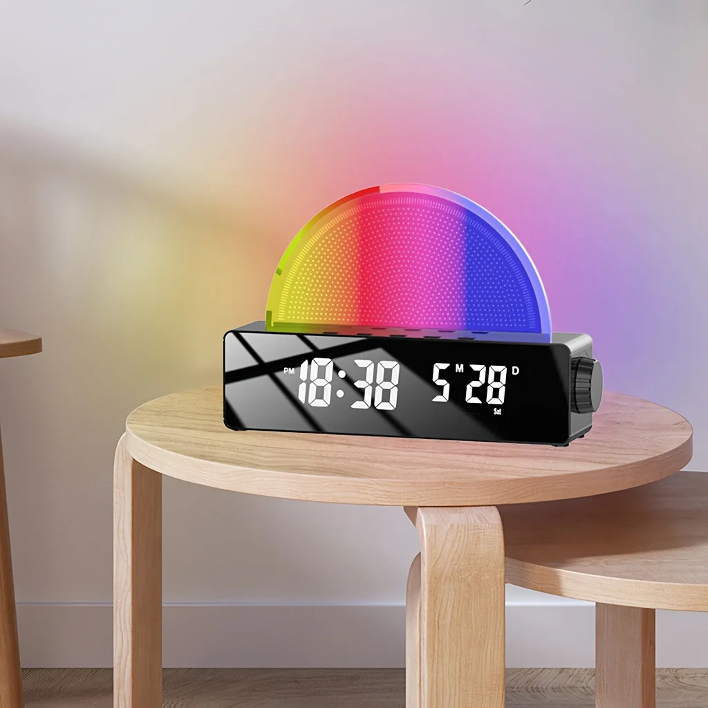 Wake Up Light Alarm Clock Mirror LED Display RGB 7 Color Dimmable Simulated Sunlight