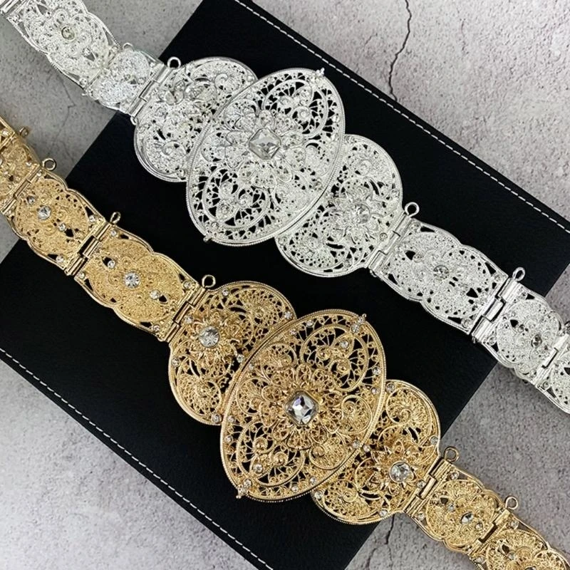 E56A Russian Caucasus Crystal Belt Hollowed Flower Chain Belt for Formal Dress Eye Catching Shimmering Long Robe Wedding Belt