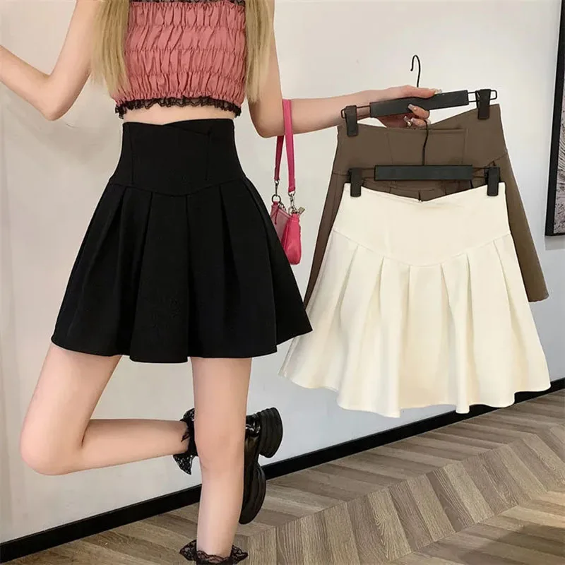 

High Waist Zipper Mini Skirts Women Fashion Korean Asymmetrical Solid Pleated Skirts Female Sweet Preppy All-Match A-Line Skirts