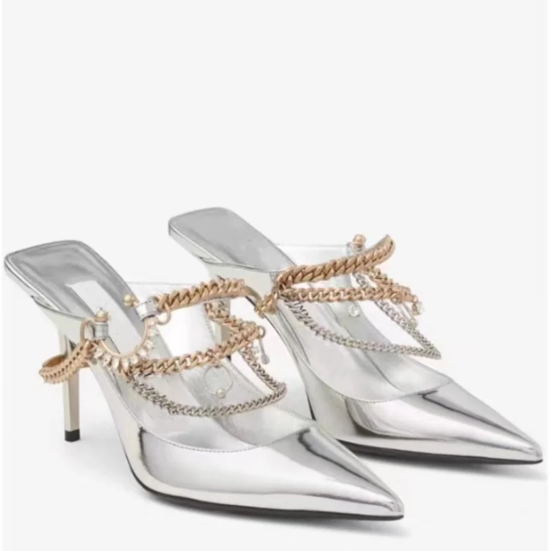 

Spring And Autumn Banquet Fashion Sexy Pointed Outdoor Slippers Metal Chain High Heel Baotou Crystal Decoration Silver Slippers