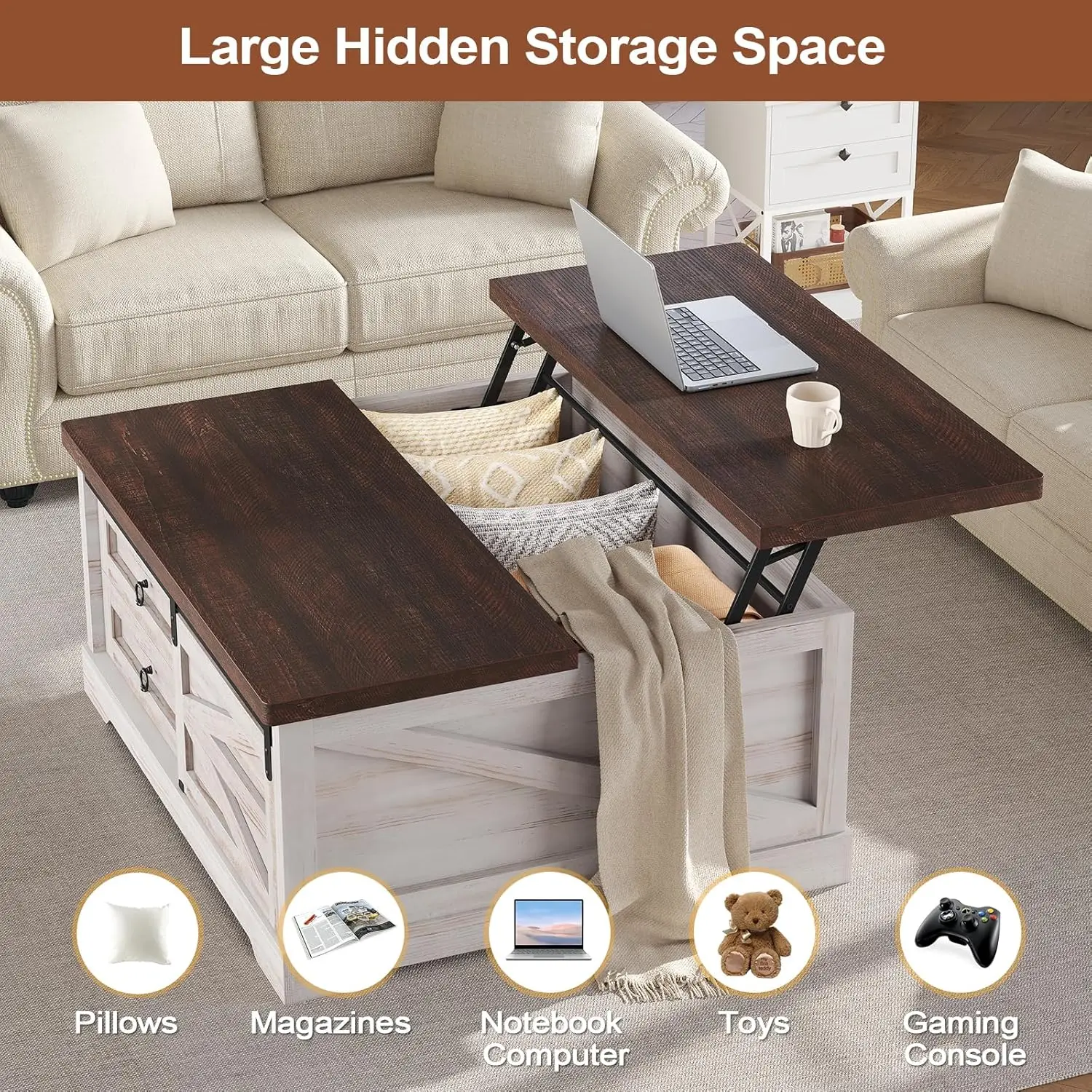 39.4'' Lift Top Coffee Table With Storage, Farmhouse Coffee Tables For Living Room, Square Coffee Table With Large