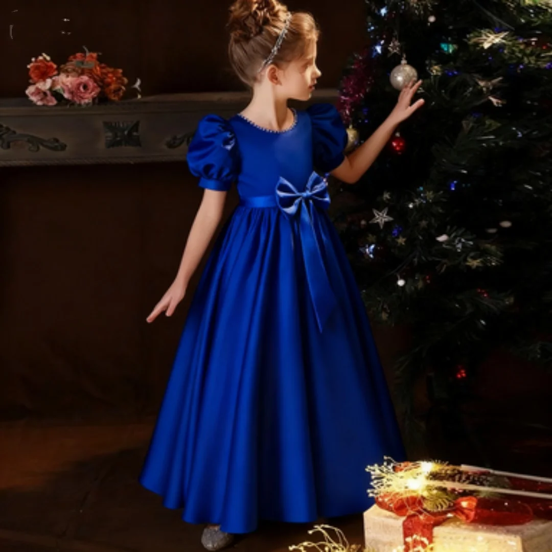 Elegancka sukienka dla dziewczynki na wesele, sukienka na przyjęcie dla dziewczynek, perłowa sukienka księżniczki na konkurs piękności, satynowa sukienka z kokardą na Pierwszą Komunię Świętą