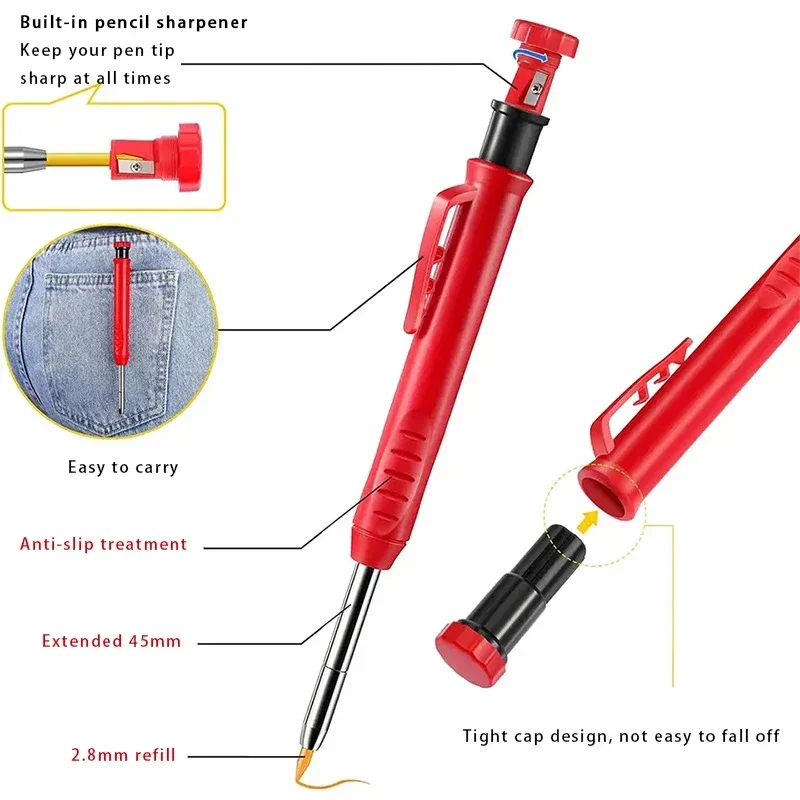 Solid Carpenter Pencil Set Built-in Sharpener with 6 Refill Leads Mechanical Pencil Marking Tool Kit for Woodworking Architect