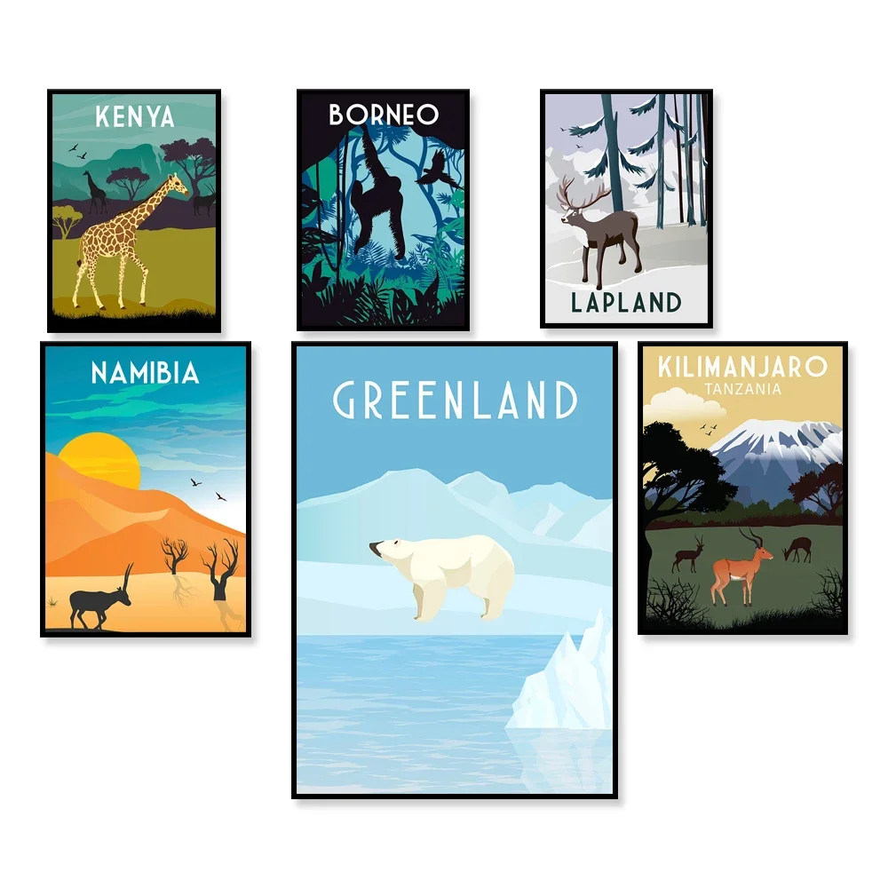 Póster de viaje vintage, Quenia, Monte Kilimanjaro, Tanzania, Borneo, África, Namibia, Lapland, Impresión de cartel de viaje de Groenlandia