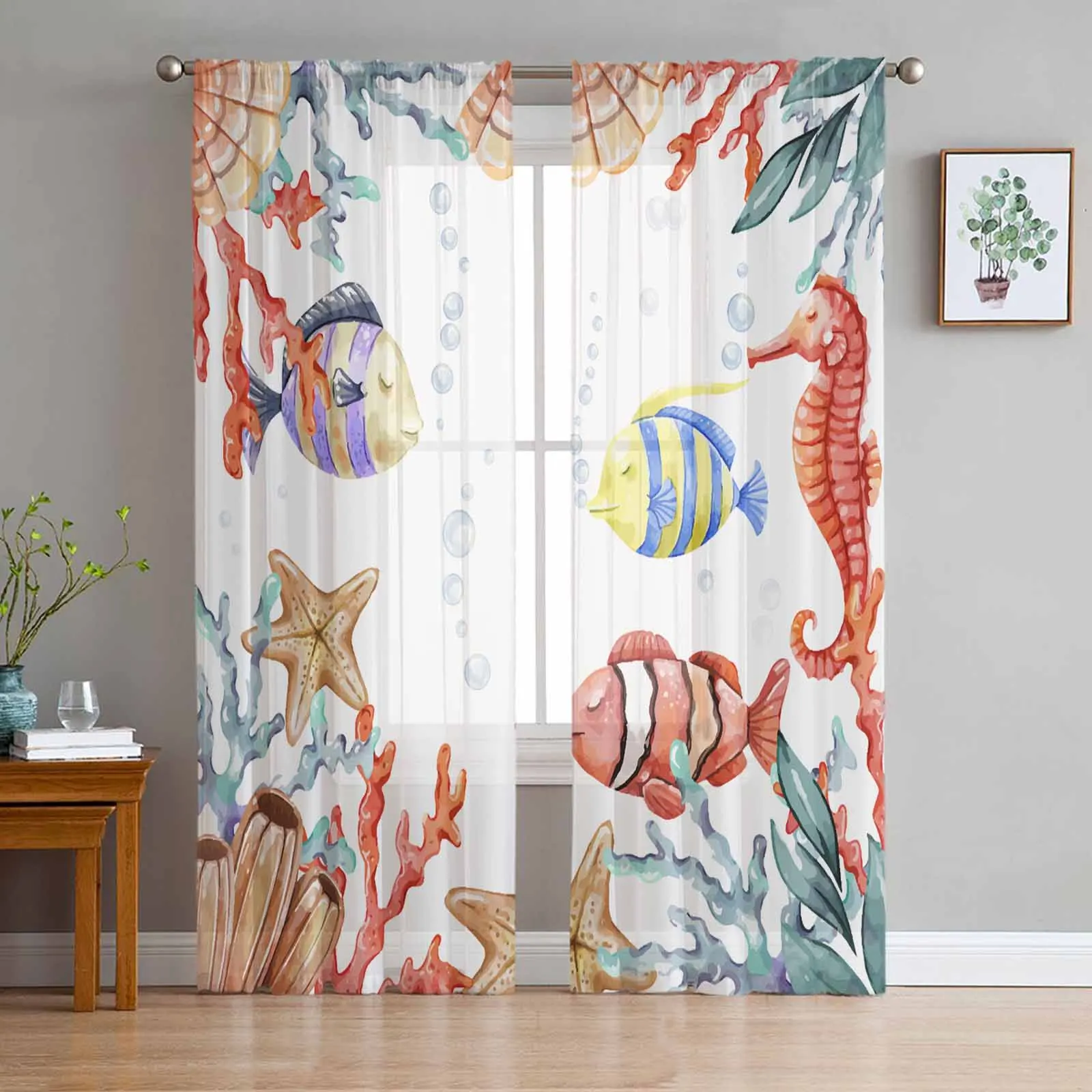 

Ocean Coral Fish Watercolor Sheer Curtains for Living Room Decoration Window Curtains for Kitchen Tulle Voile Organza Curtains