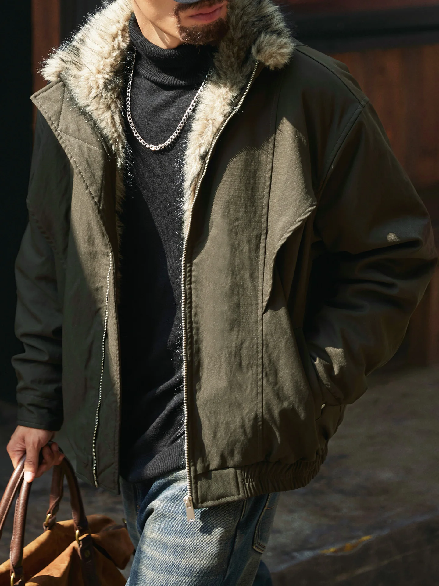 

Warm Fce Lined American Sle Men's Jaet with Fur Collar Mountain Eagle Cotton Coat Thiened Winter Outerwear