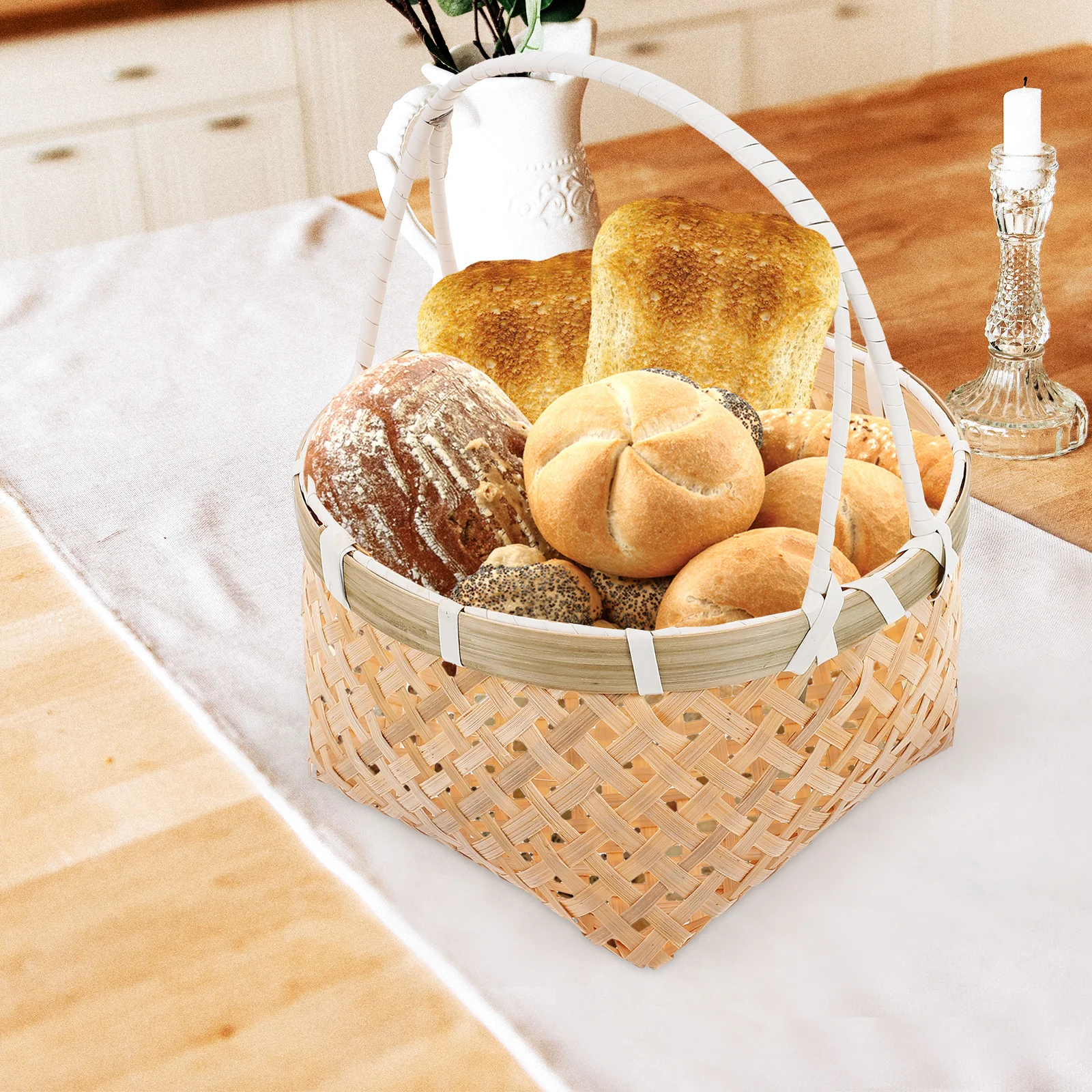 

Bamboo H Woven Basket Picnic Dessert Storage Fruit Bread Vegetable Baskets Lightweight Portable HomeDecoration Party Gifts Round
