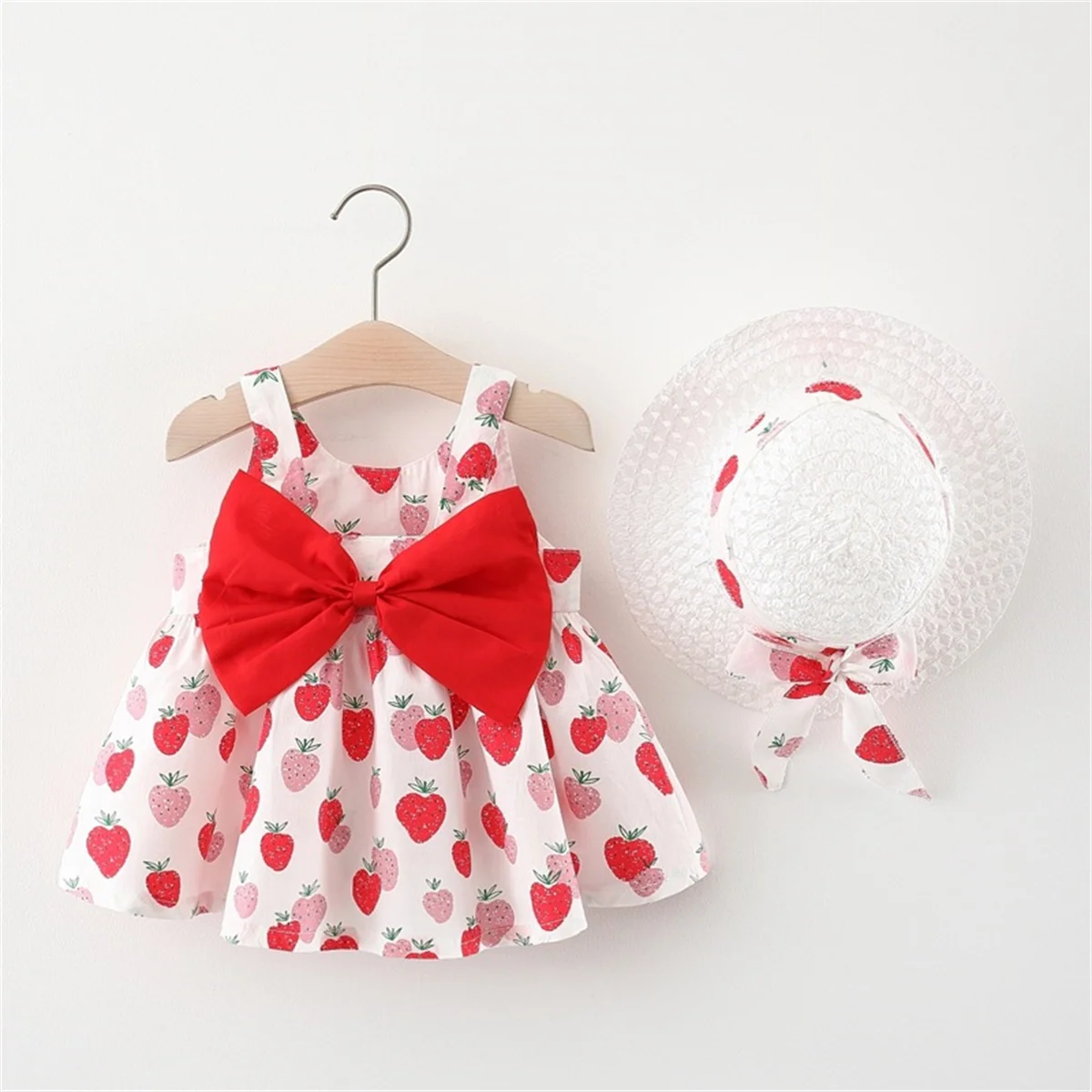 Summer 2-Piece Set Of Baby Dresses And Hats Girl\'S Strawberry Bow Strap Princess Dress 0-3 Year Old Children\'S Clothing