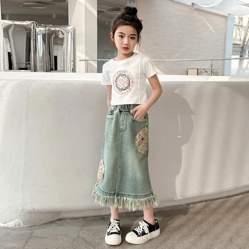 Girls' Summer Short sleeved Set 2024 New Western Style Chinese Style Cowboy Half Skirt Two Piece Set