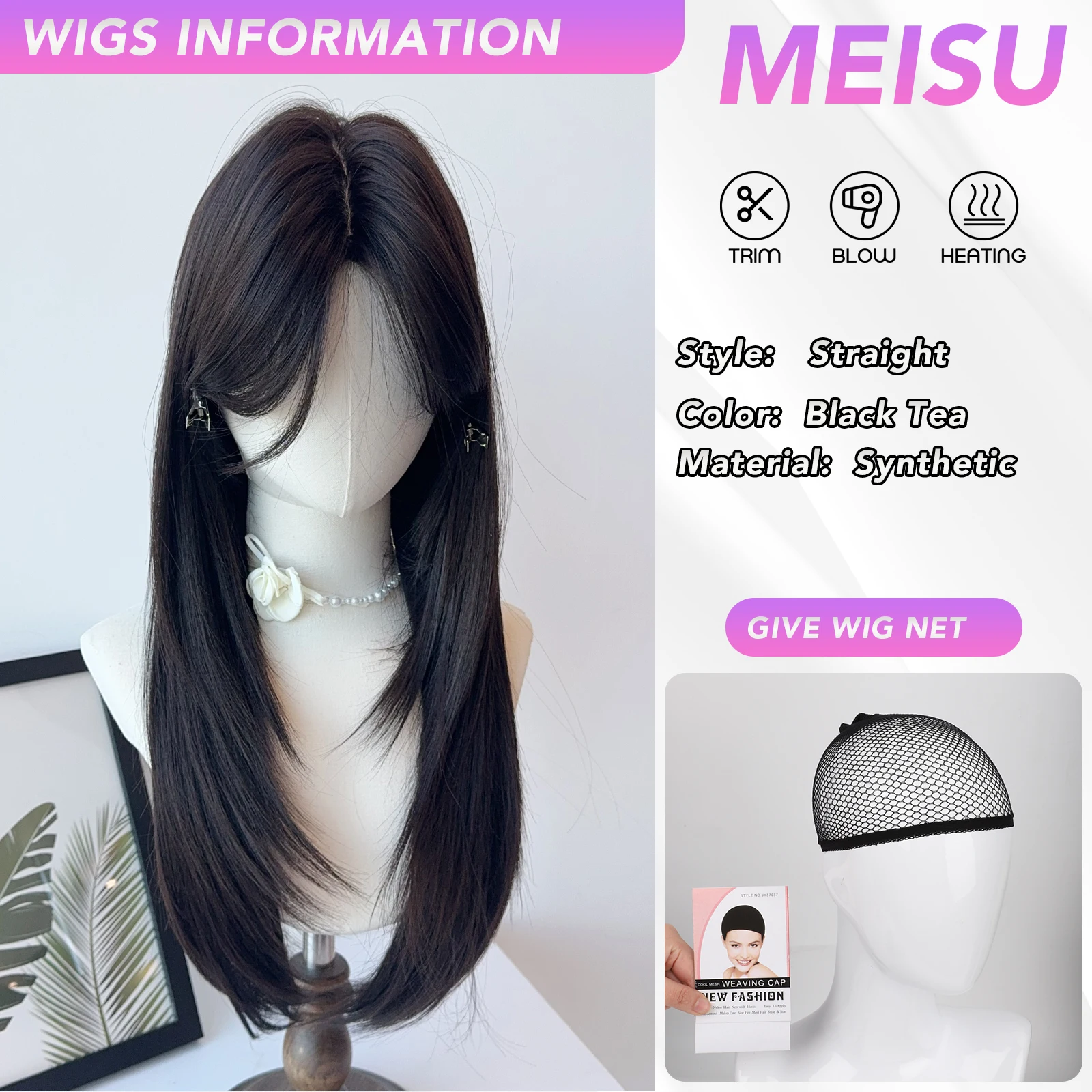 MEISU 24-26 بوصة الشاي الأسود مستقيم شعر مستعار اصطناعي مقاومة للحرارة الطبيعية السلس الشعر أنيق الانفجارات الطرف الباروكات للنساء