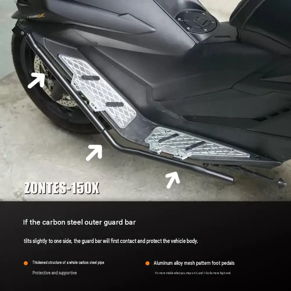 Thickened, non-slip aluminum alloy footboard/crash bar combo with spotlight bracket for ZONTES 150X, 125X, and 175X.