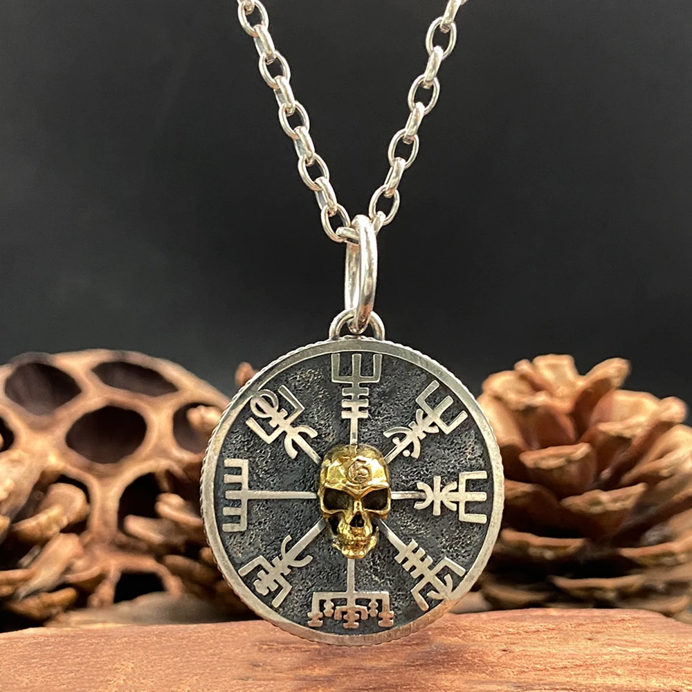 

Ожерелье с подвеской в виде черепа викингов и компаса, серебряное готическое ретро ювелирные изделия из скандинавской мифологии