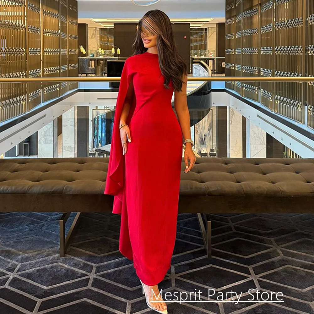 

Red Prom Dress New Arrival Customized Round Neck Anke Length Simple Arabian Evening Dresses Back Slit Formal Occasion Gown