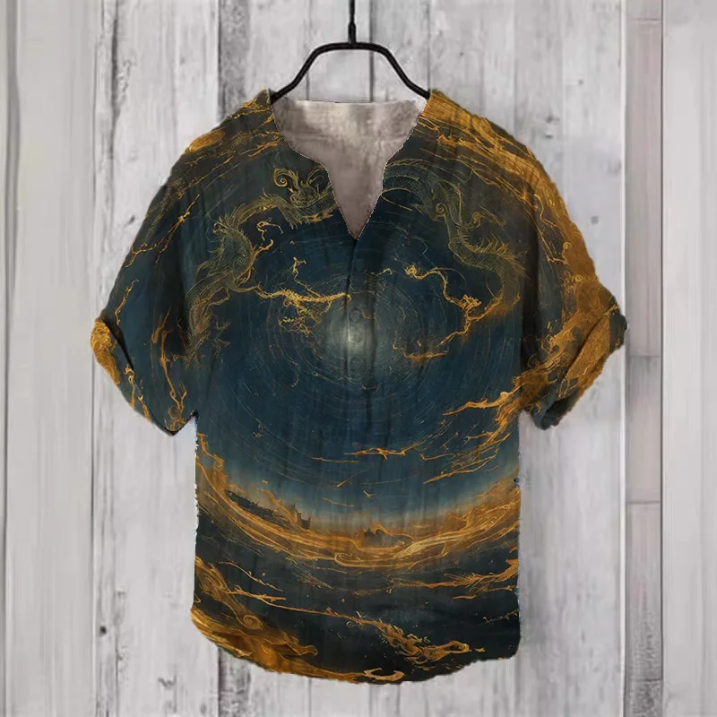 

New exquisite sky dragon 3D printed pattern men's 3-button V-neck men's shirt linen breathable short sleeved men's clothing