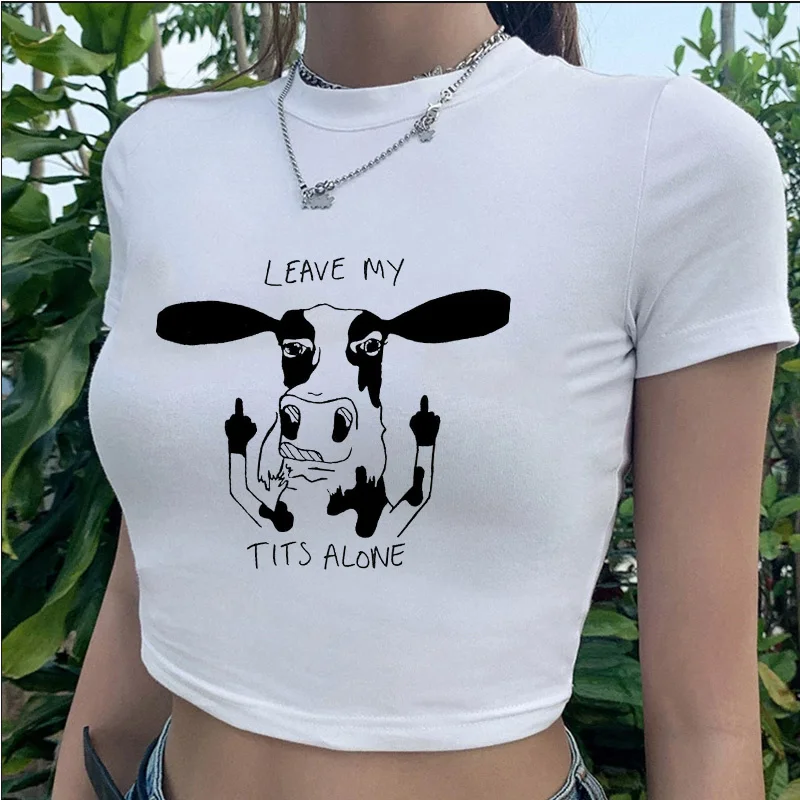 Cow Print t-shirt tshirt female kawaii streetwear vintage white casual crop top clothes white t shirt