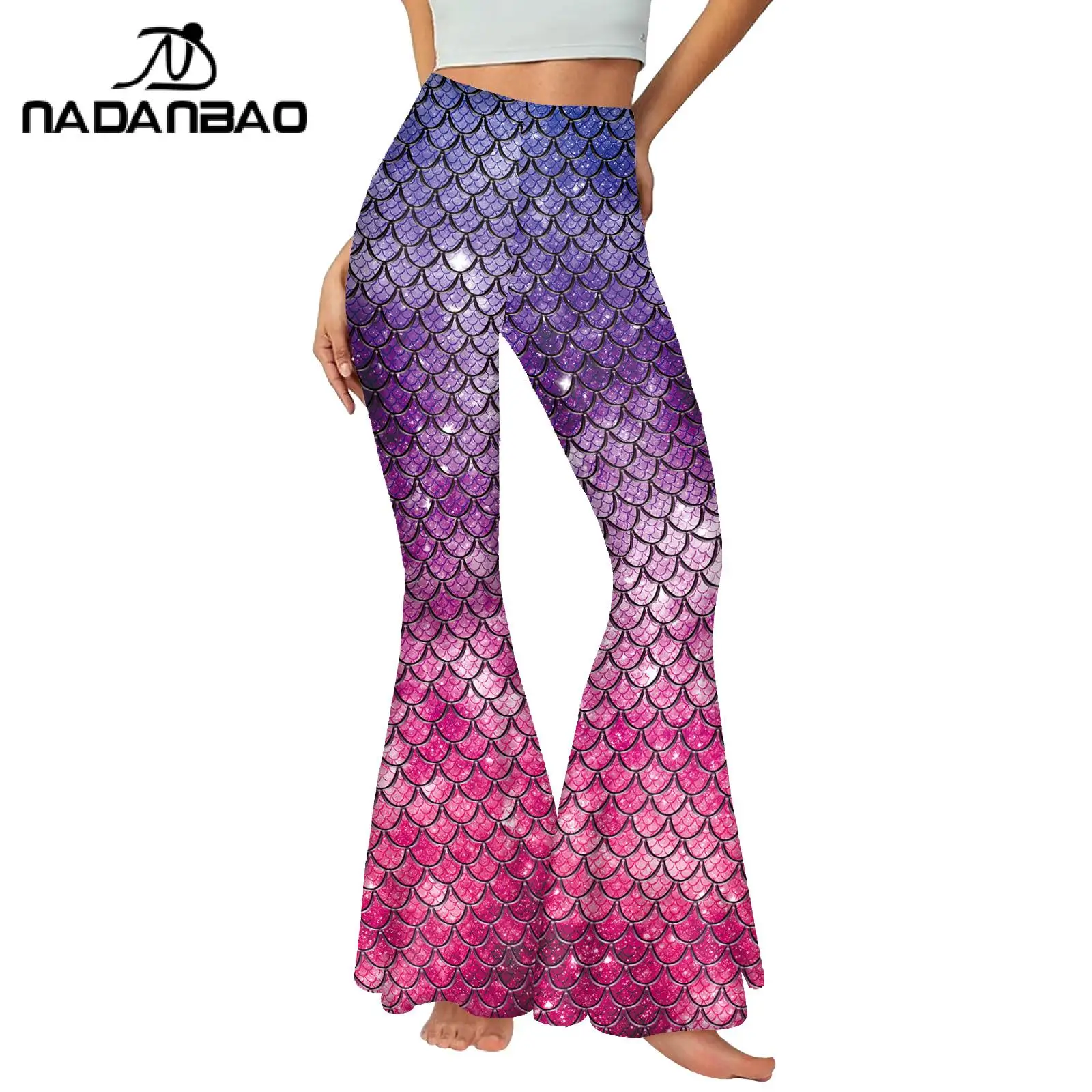 Nadanbao Pink Mermaid Flare Pants for Women Fish Scales 3D Digital Print Trousers Fashion Casual Streetwear Spring Autumn Bottom