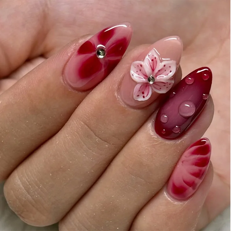 

24Pcs Mid-length Almond Full Cover False Nails with 3D Flower Rhinestone Design Press on Nails Red Smudge Wearable Fake Nail Tip