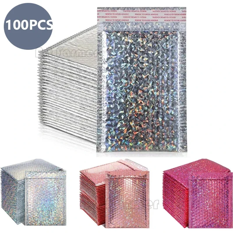 Lot d\'Enveloppes à Bulles Holographiques Argentées, Sac de Courrier Étanche et Rembourré, 100 Pièces