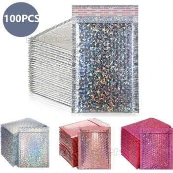 100pcs Holographic Mailer Laser Silver Mailing Envelope Waterproof Courier Bag Padded Bubble Envelopes Package Bag for Shipping