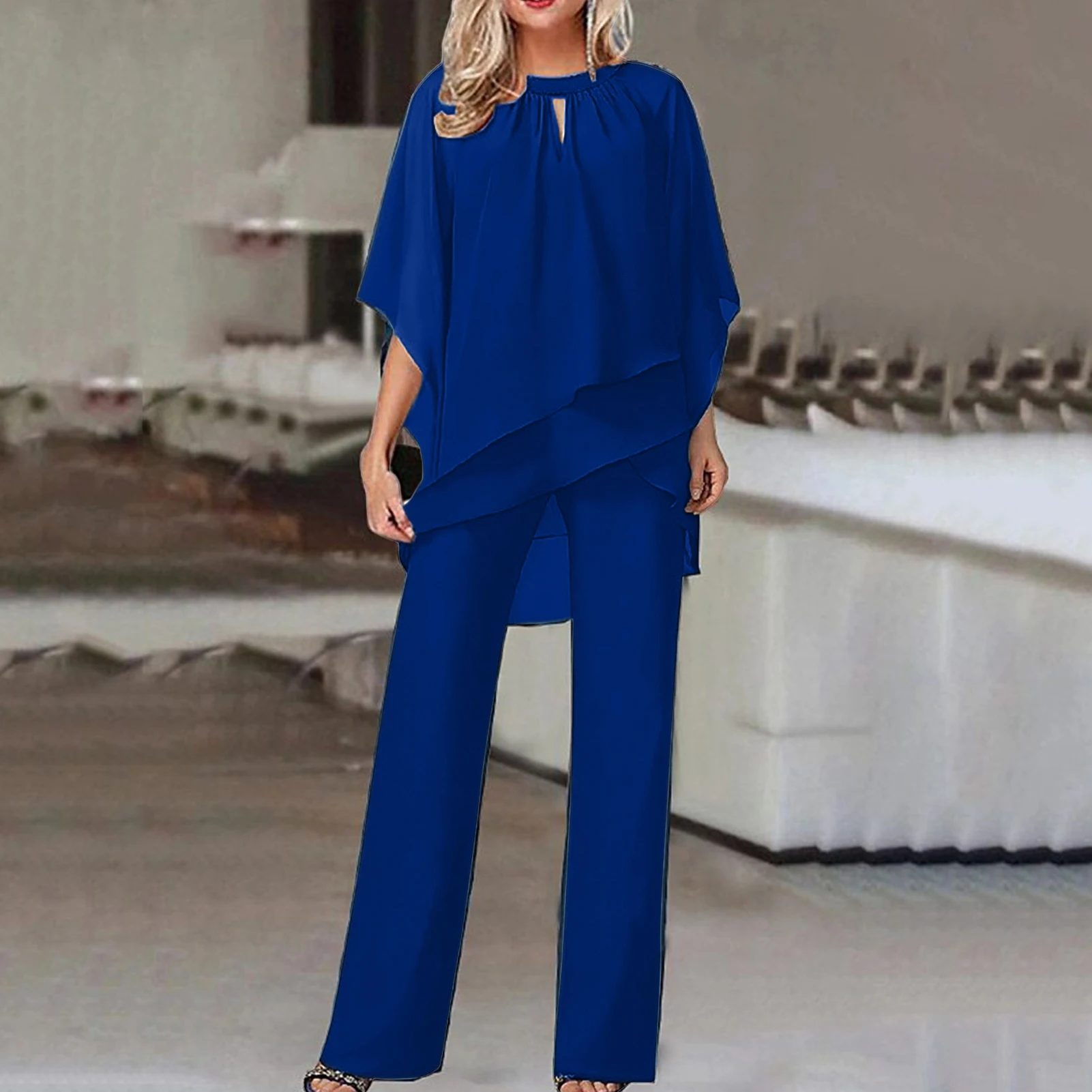 Women Asymmetrical Hem Top Pant Suit Fashionable Solid Color Pullover Top Trouser Jumpsuits Soft Loose Fit Ladies Casual Wear