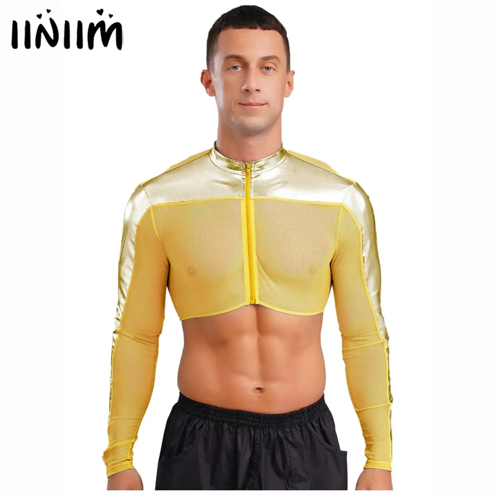 Men Crew Neck Long Sleeves Front Zipper Half Tops Breathable See Through Mesh Slim Fit Tops Shiny Metallic Glitter Top Club Wear
