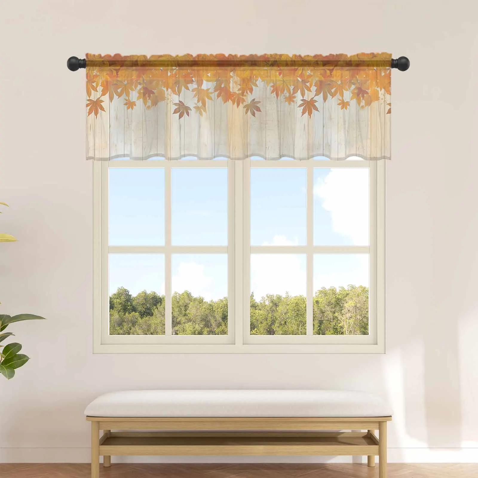 Autumn Maple Leaf Wooden Board Kitchen Sheer Curtains Tulle Small Curtain Living Room Voile Drapes Home Decor