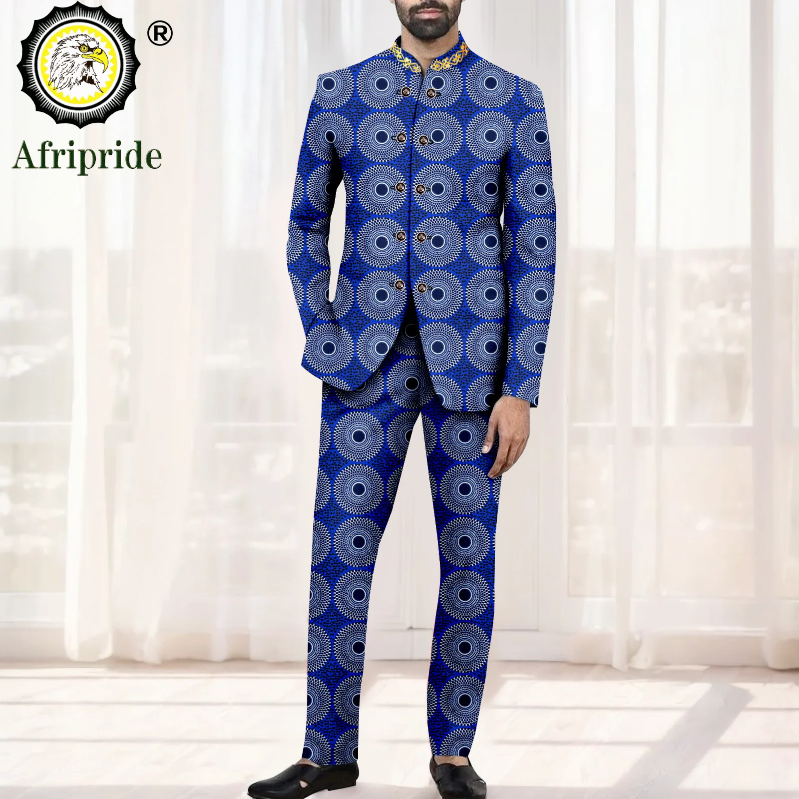 African Suits for Men Slim Fit Double Breasted Embroidery Blazer and Pants Set Business Suit Print Outfits for Wedding 2416101