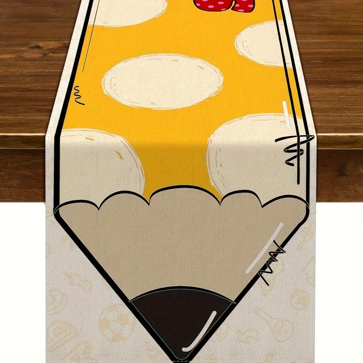 Camino de mesa de lino para regreso a la escuela, lápiz juguetón, puntos rojos y blancos, decoración de fiesta del primer día de escuela, amarillo y negro