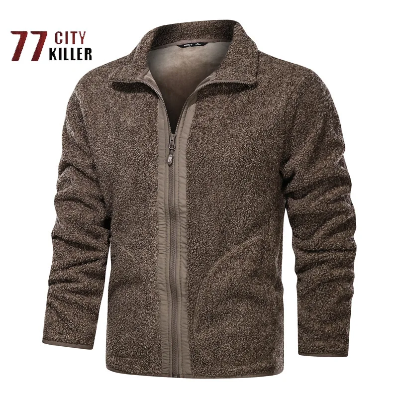 Men's Lamb Fleece Lapel Jacket Casual Fashion Solid Color Multi Pocket Zipper Coat Men's Plush Warm Top Chaquetas Hombre Ropa