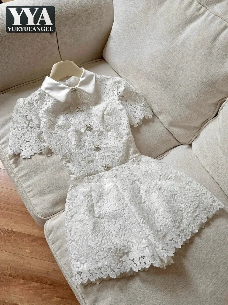 Summer Women Lace Floral Crochet Bodysuit One Piece Short Sleeve Single Breasted Beach Short Jumpsuit Elegant Lady Lapel Collar