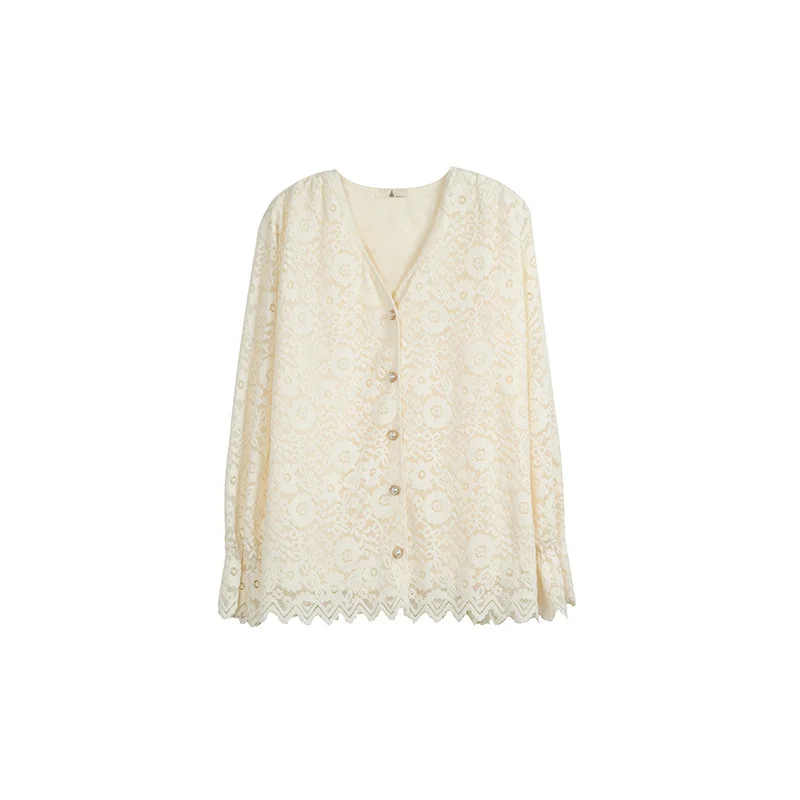 春秋レースシャツ女性 2026 新ファッションルーズカジュアルトップスピュアカラーボタン気質 V ネックアウター女性