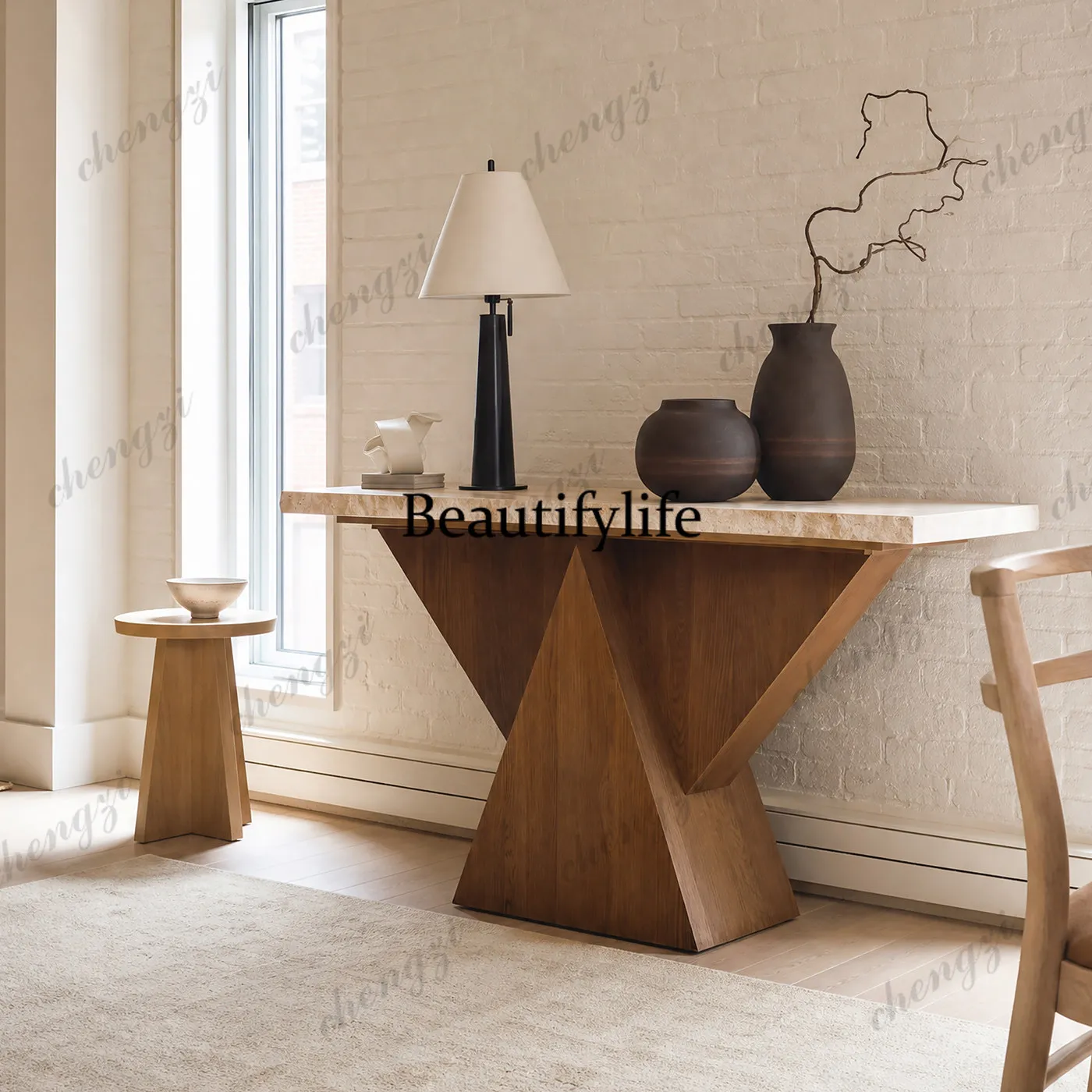 French Country Entrance Table Case Table Solid Wood Triangle Entry Marble Side Table Designer Creative Living Room Decoration