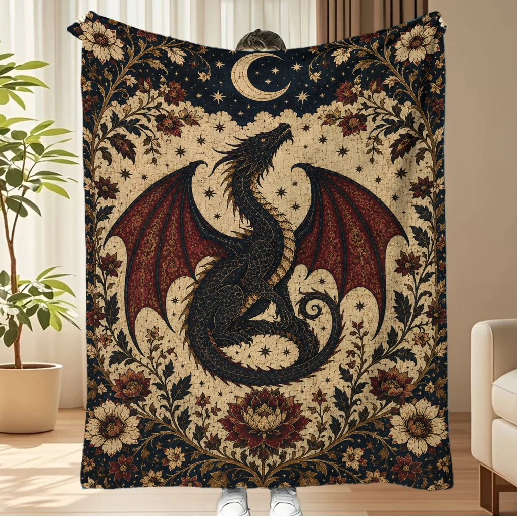 Vintage Gothic Flying Dragon Moon Star Floral Throw Blanket Mythical Creature Tapestry Wall Hanging Aesthetic Home Decor