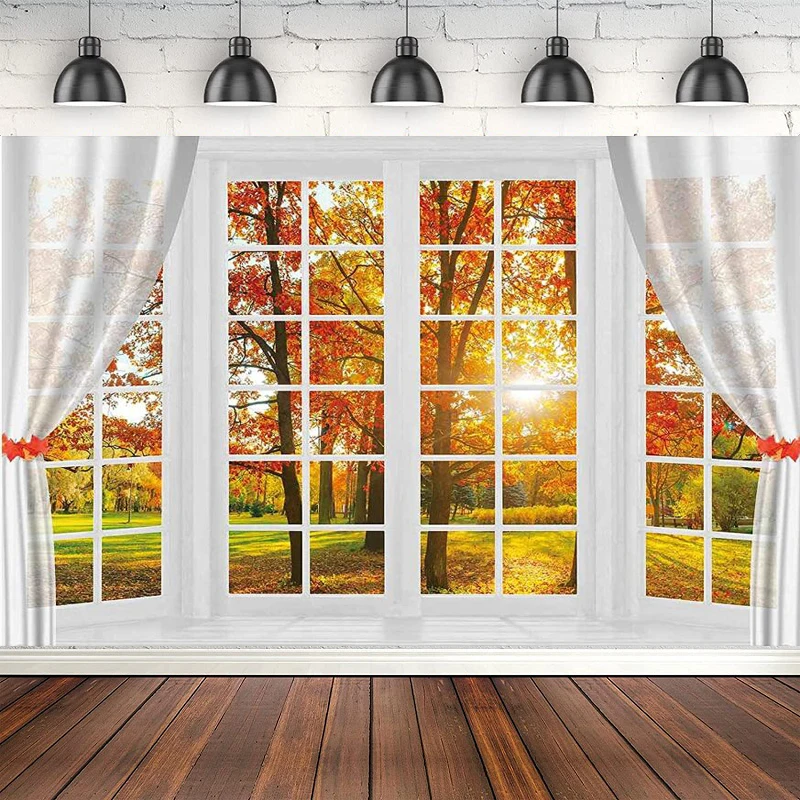 Autumn Tree Window Photography Backdrop Fall Forest Scene Natural Windowsill Photo Background Newborn Party Banner Wall Decor