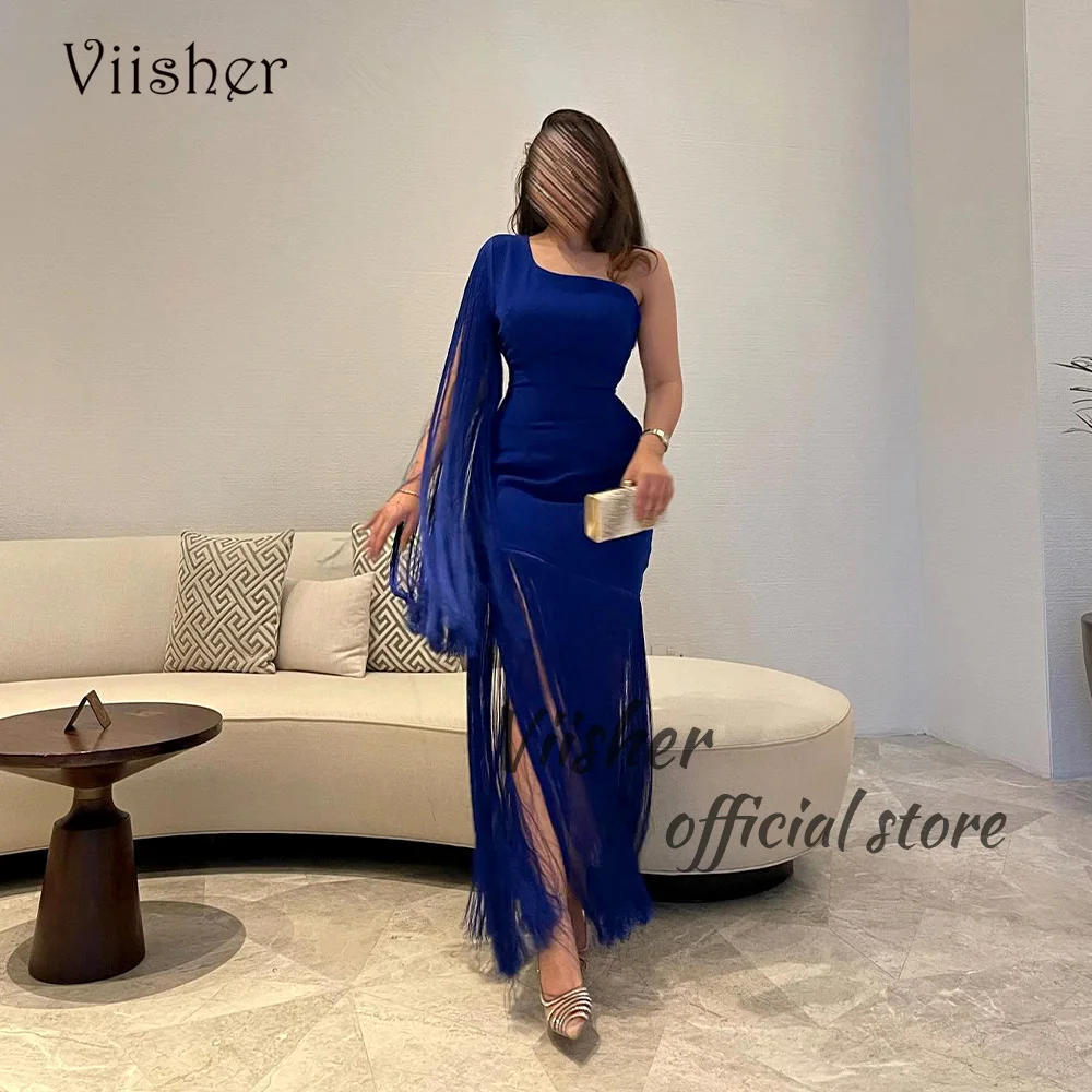 

Viisher Blue Mermaid Evening Dresses One Shoulder Mono Satin Tight Long Formal Prom Dress with Slit Arabic Party Gowns