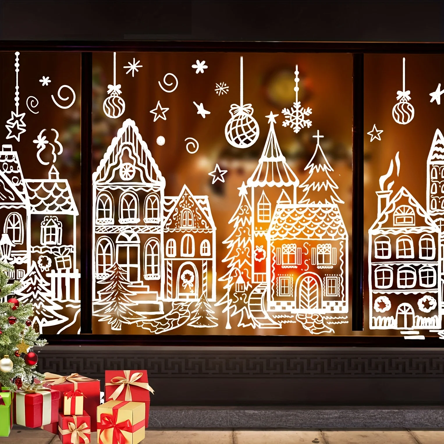 4/8 Blatt Weihnachts-Fensteraufkleber, wiederverwendbar, Schneehäuse, Schneeflocke, halbmattes Glas, Dekor, festliche Party, Weihnachten, Fensteraufkleber