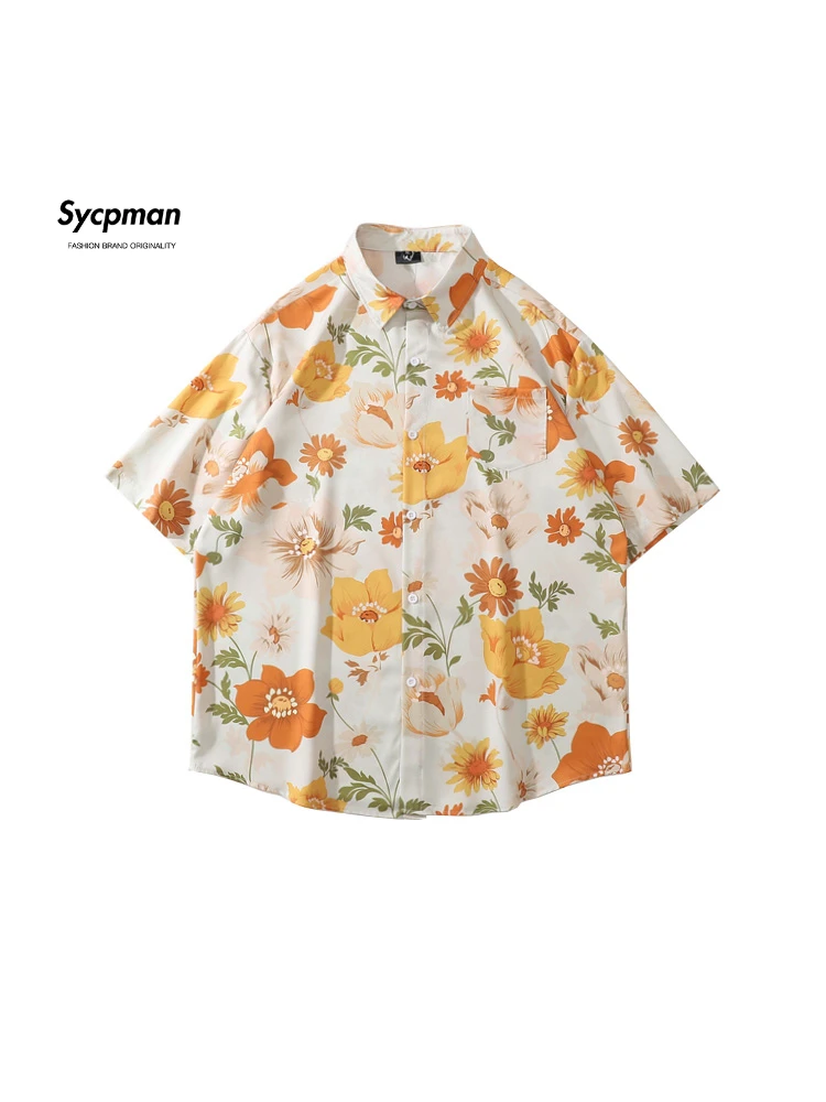 

Sycpman Retro Plant Floral Print Short Sleeved Shirts for Men Trend Loose Couple Clothing Summer Hawaiian Casual Shirt