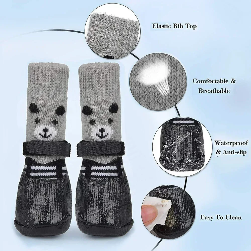 4pcs Puppy Dog Teddy Socks Waterproof Cat Shoes Anti-Scratch Foot Cover Anti-Dirty Pet Socks Small Cats Dogs Knitted Warm Socks