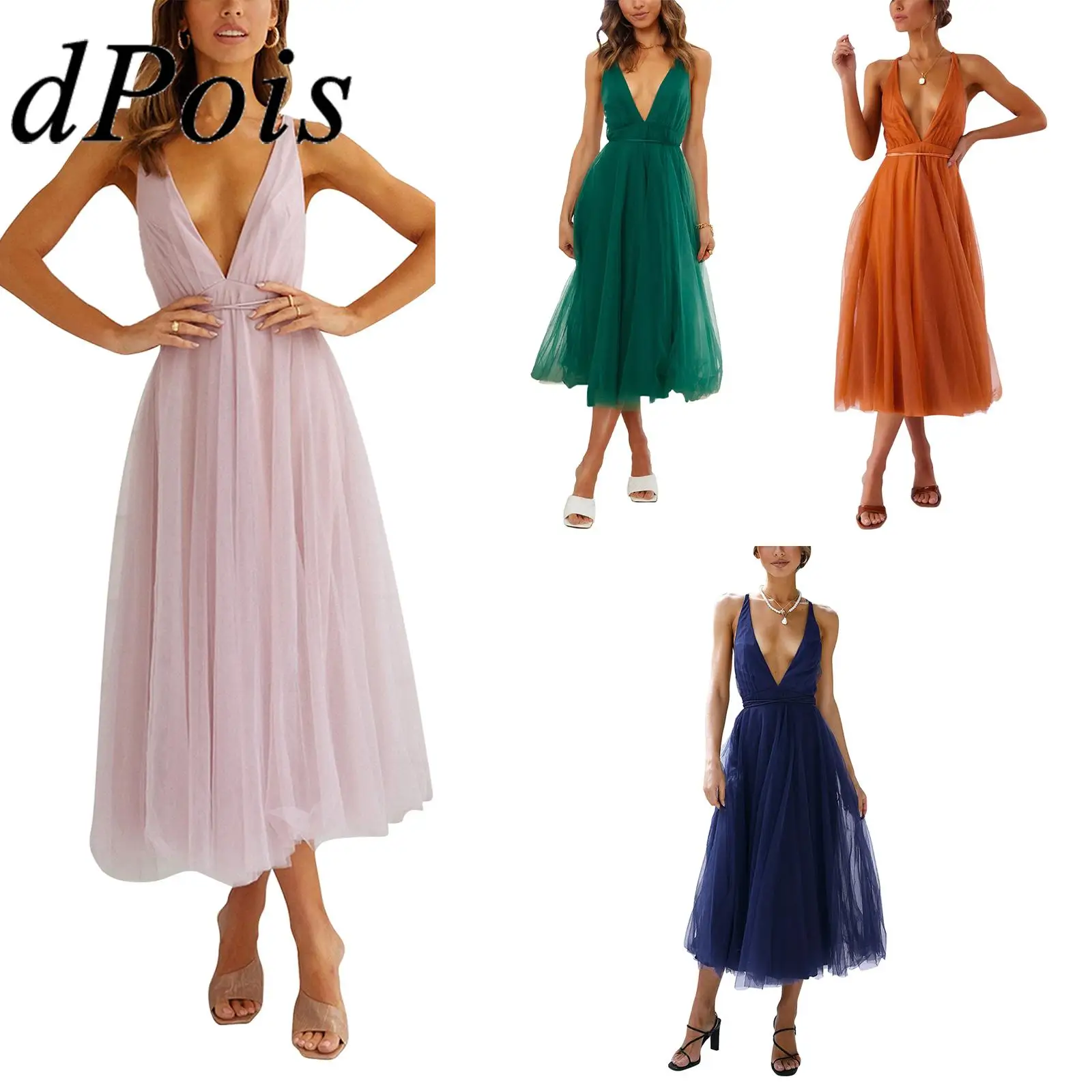 Sexy Women's Dress Deep V Neck Sleeveless Backless Tulle Formal  Evening Party Dress Vestido De Fiesta Prom Gown Woman Robes