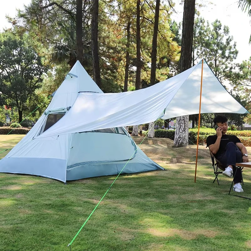 210D Oxford al aire libre pirámide india Oxford impermeable 3-4 personas dosel plegable a prueba de viento resistente a los rayos UV tienda de campaña con Awaing