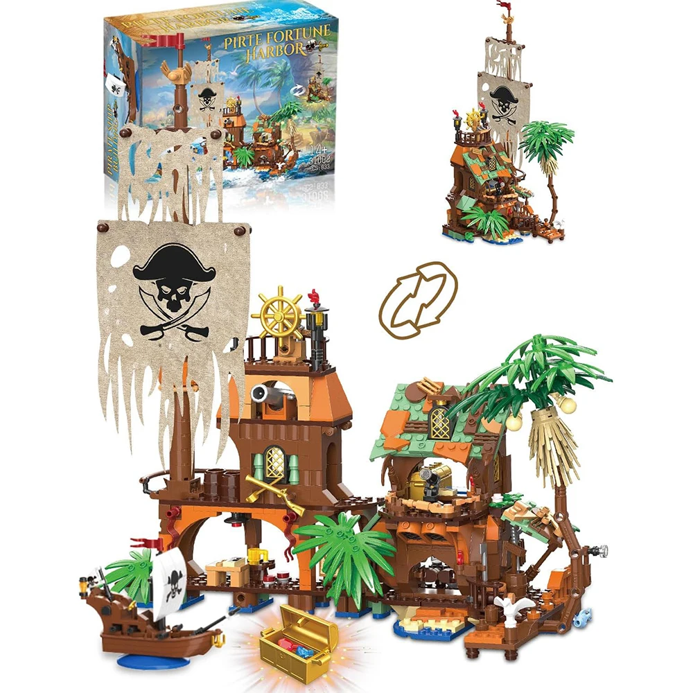 833PCS Pirate Fortune Harbor Building Blocks เรือ Dock House รุ่น Creative Play การศึกษา DIY ของเล่นของขวัญวันเกิดสําหรับเด็ก