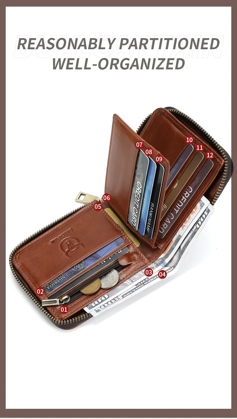 BULLCAPTAIN Geldbörse Retro Vintage Geldbörse Europäischer und Amerikanischer Horizontaler Stil Echtes Leder RFID Münz- und Kartenhalter Geldbörsen – Detail 9
