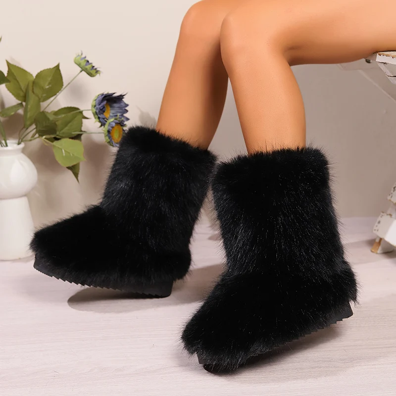 Women\'s Suede Plush Flat Platform Short Boots Fashion Catwalk Slip On Ankle Boots Winter Warm Plus Size 44 Women Shoes