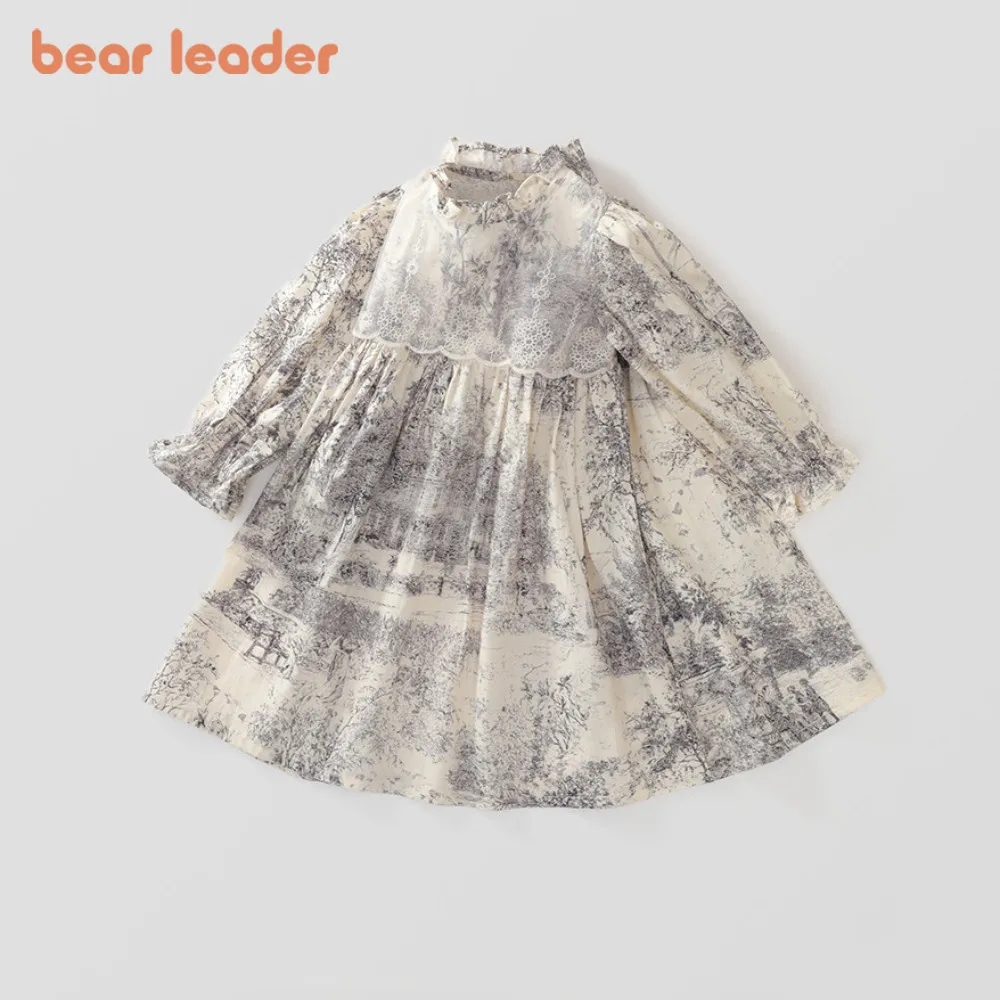 Bear Leader 2024 Autumn New Elegant Girls' Dress with Ink Print Splicing Lace Long Sleeve Princess Skirt Suitable for Picnics