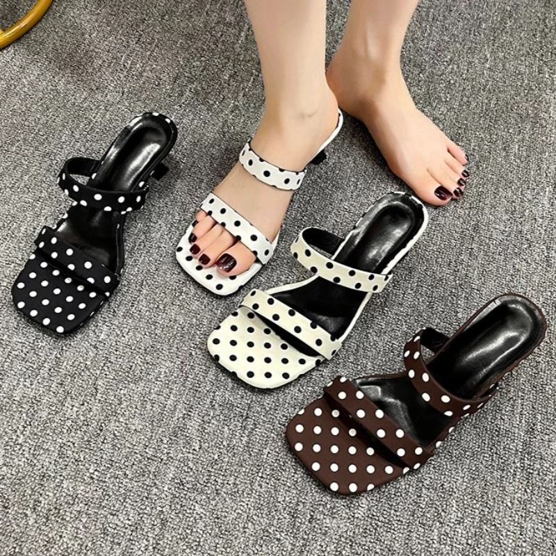 Women's Square Open Toe Wave Point Style High Heel Slippers Women Fashionable Vintage Casual Comfortable Sandals 2026 New Summer