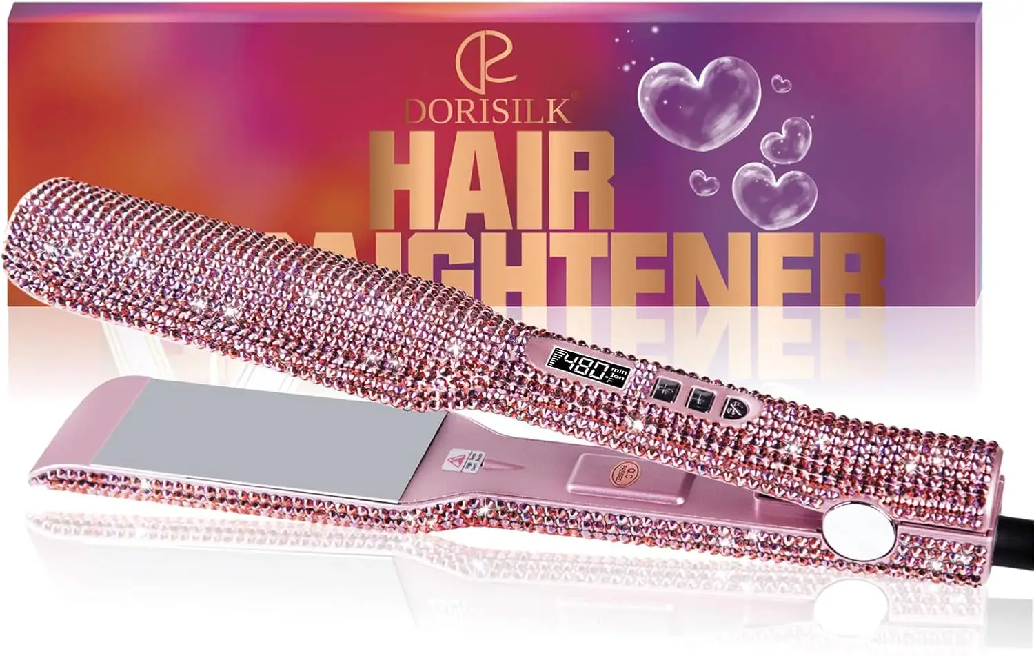 

2 Inch Titanium Flat Iron, Bling Rhinestone Straightener & Curler, 480°F, Dual Voltage, Rose Pink