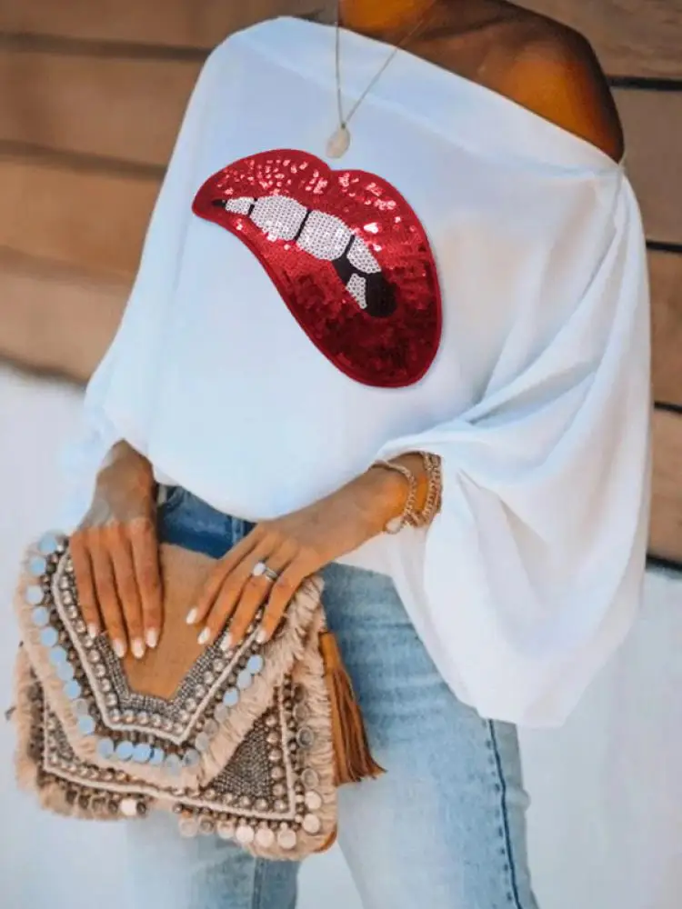 

Onecozyday Summer Women's Loose Fit T-shirt One-shoulder Puff Sleeves Printed Shirt Tops 2024 New Casual Female Blouses