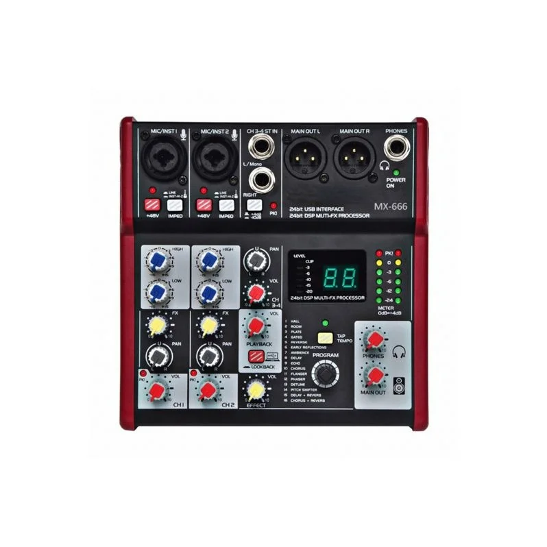 คุณภาพสูง Professional Mini 4 Channel Vocal Effects Mixer เสียงดิจิตอลเครื่องผสมเพลง DJ คอนโซลสําหรับโฮมคาราโอเกะ