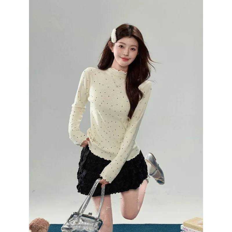 Style Women Autumn Winter Polka Dot Mock Neck Knit Top Ruffle Trim Slim Warm Layering Base Shirt